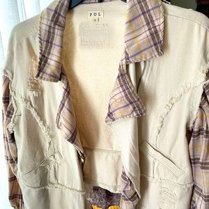 POL jacket distressed white denim and flannel color block L